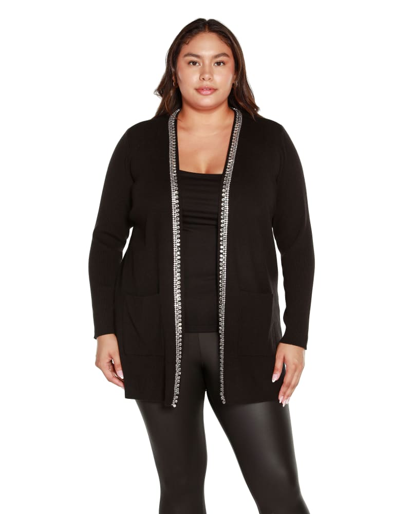 Front of a model wearing a size 2X Plus Size Rhinestone Trim Open-Front Cardigan in Black by Belldini Black Label. | dia_product_style_image_id:319098